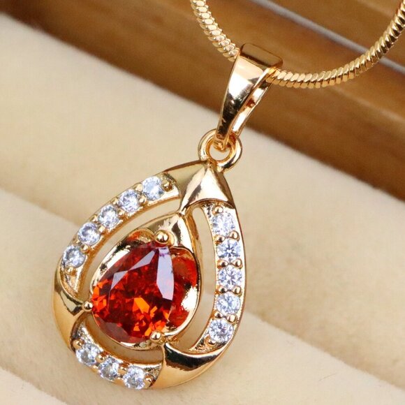 "Red Pear-Shaped Pendant with Gold Finish and Dazzling Accents, XPPT1802 - Picture 1 of 13